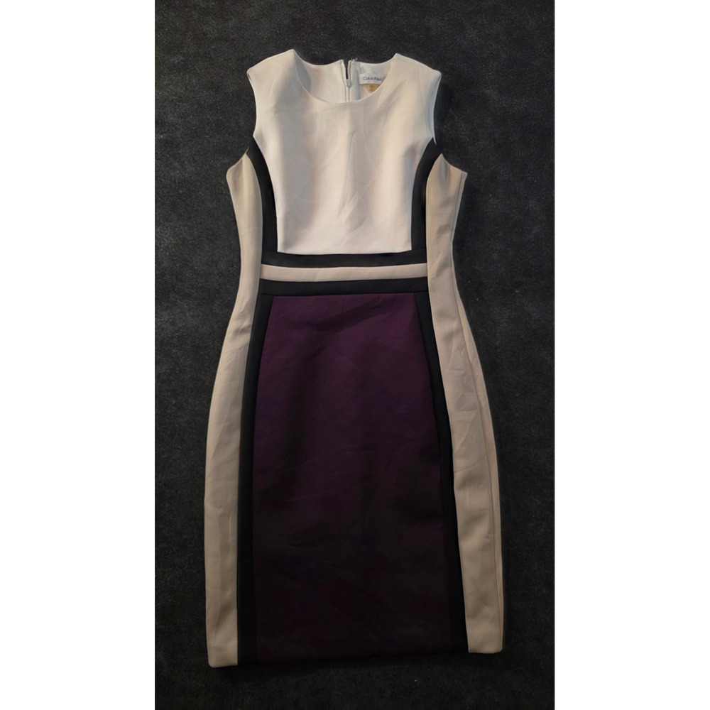 Calvin Klein Womens Colorblock Sheath Dress Purple White Black Size 6